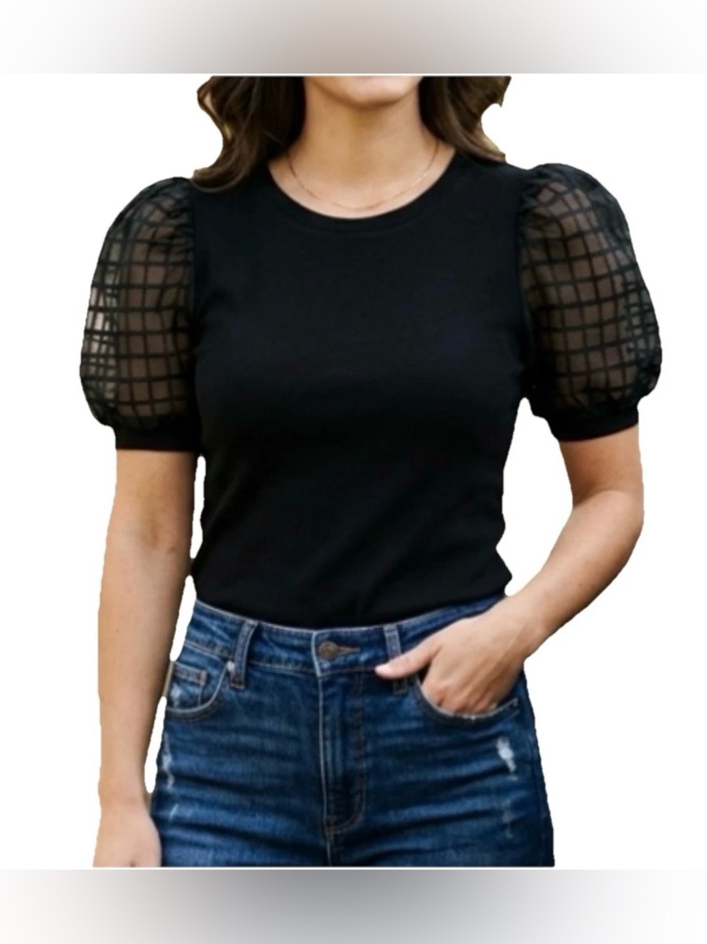 Carolyn Taylor Black Knit Top with‎ Sheer Grid Pattern Puff Sleeves – Size L NWT
